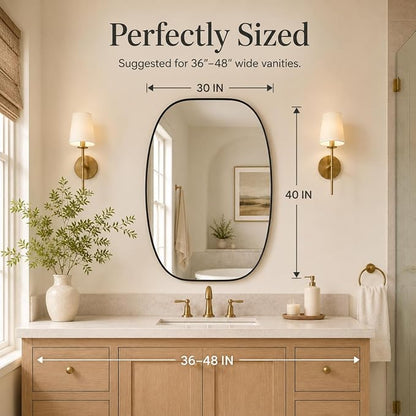 Black Oval Bathroom Mirror 30x40 Inch | Oblong Vanity Mirror, Crystal-Clear HD Glass, Rust-Proof Aluminum Frame, Elegant Inner-Curved Edge, Modern Contemporary Style