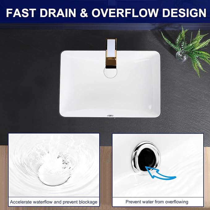 Undermount Bathroom Sink 21x15 Inch Small Bathroom Sink White Porcelain Ceramic Bathroom Under Counter Lavatory Vanity Sink Basin Rectangular Undermount Sinks with Overflow