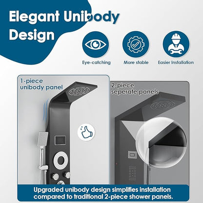 ROVOGO Shower Panel Tower System with Rainfall Mist Shower Head, Body Jets, Handheld and Tub Spout, Led Lights and Temp Display No Battery Needed, Unibody Shower Column 304 Stainless Steel Black