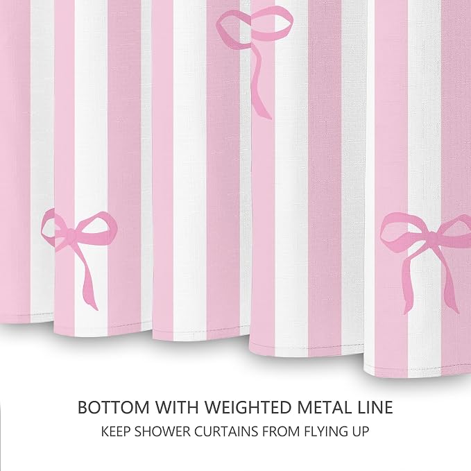 Tititex Cute Candy Cane Striped Pink Bow 140gsm Faux Linen Fabric Shower Curtain, White Pink Elegant Classic Shower Curtain Sets Decoration 72x72 Inch with Hooks