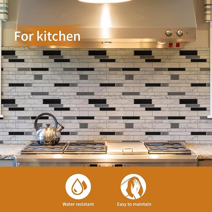 WOWSTAR 10-Sheet Peel and Stick Backsplash Tile for Kitchen Wall, Back Splash Stick On Tiles for Kitchen （12"x12", White Marble） | Peel and stick backsplash, self-adhesive wall tile, White Marble, waterproof, kitchen bathroom wall, 10-sheet, set B