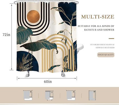 Glawry Blue Abstract Mid Century Shower Curtain Boho Retro Tropical Palm Tree Sun Arch Modern Bathroom Aesthetic Geometric 60Wx72L Inches Bath Accessories Art Home Decor Fabric 12 Pack Hooks