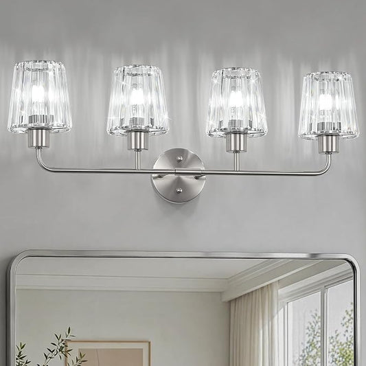 Brushed Nickel Vanity Lights 4-Light Crystal Bathroom Light Fixtures | Modern Bathroom Vanity Light E26 Wall Light over Mirror (Exclude Bulb)