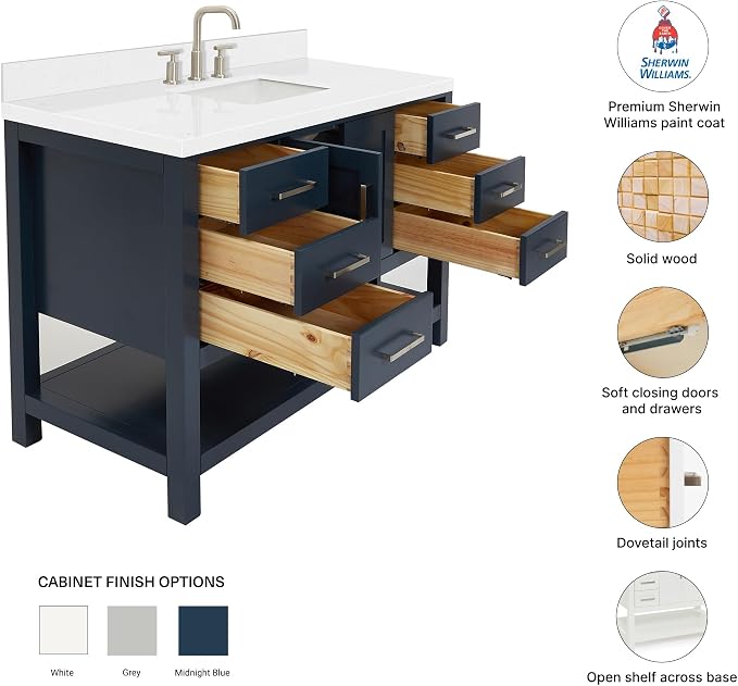 Olivia 48" Midnight Blue Bathroom Vanity with Sink, 1.5" Carrara Quartz Countertop, Rectangular Undermount Sink, 2 Soft-Closing Doors, 6 Full Extension Dovetail Drawers