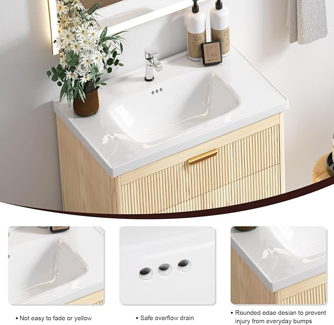 Bathroom Vanity with Sink, 24 Inch Single Bathroom Vanity with Sink with Storage Cabinet for Small Space, Freestanding Storage Bathroom Vanity with 2 Soft Closing Cabinets, Nature Wood