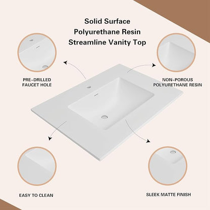 37" Bathroom Vanity Top with Integrated Sink – Solid Surface Resin Streamline Countertop, Single Faucet Hole, Built-in Overflow, Easy-to-Clean Matte White Finish, 37" W x 22" D