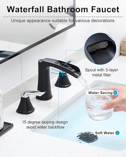Fapully Bathroom Faucet 3 Hole, Waterfall 8 Inch Widespread Bathroom Sink Faucet with Pop-up Drain, Two-Handle Faucet for Bathroom Sink Matte Black&Chrome