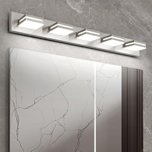 OKELI 5 Lights Bathroom Vanity Light Fixtures Brushed Nickel LED Dimmable Vanity Light Over Mirror Modern Wall Mounted Lighting Fixture, 350° Rotatable Lamp Head 36W Cold White 6000K ETL Listed