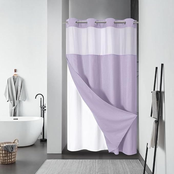 No Hook Waffle Shower Curtain with Snap-in Liner, 54x80 Inch, Lavender | 230GSM waffle weave fabric, waterproof liner set with 2 bottom magnets, mesh window, washable, for shower stalls or bathrooms