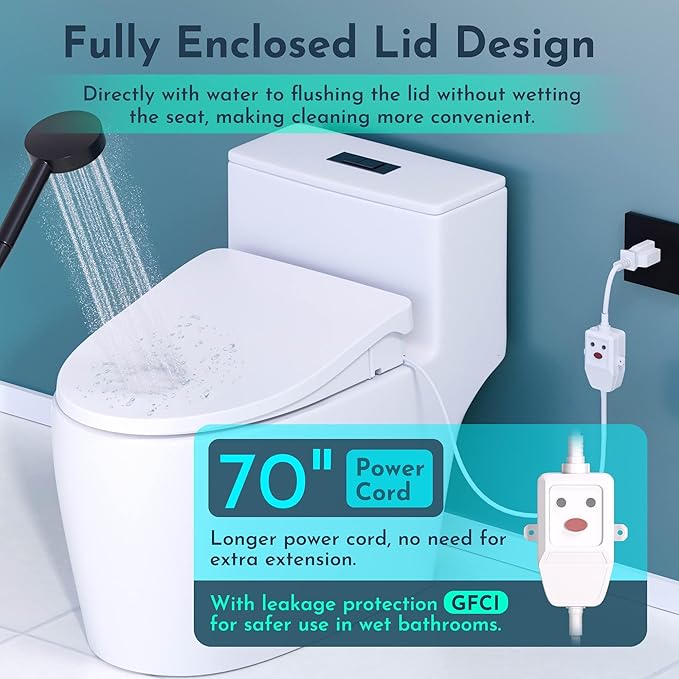 Electric Heated Bidet Warmer Water Toilet Seat Elongated with Bubble Wash, Warm Air Dryer, Endless Warmer Water, Remote Control, Curved Spray Bar, 70" Power Cord, Clean Water
