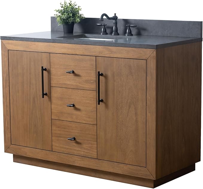 Vanity Art 48" Bathroom Vanity with Sink, Solid Poplar Wood, Vanity Cabinet with Doors and Shelf, Modern Wood Bathroom Vanity with Black Marble Top, 3 Functioning Drawers,VA70-48-T-B