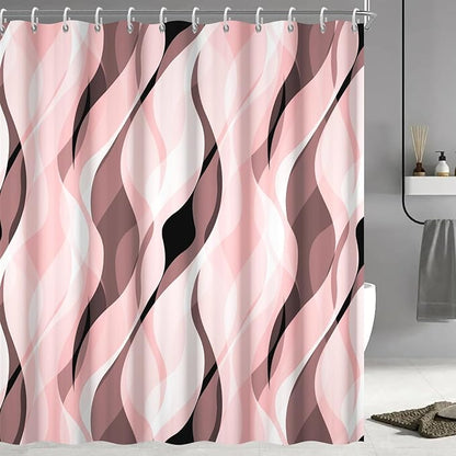 Pink Shower Curtain, Modern Abstract Pink and Grey Striped Shower Curtain Set for Bathroom Waterproof Shower Curtain with Hooks, 72x96 Inch