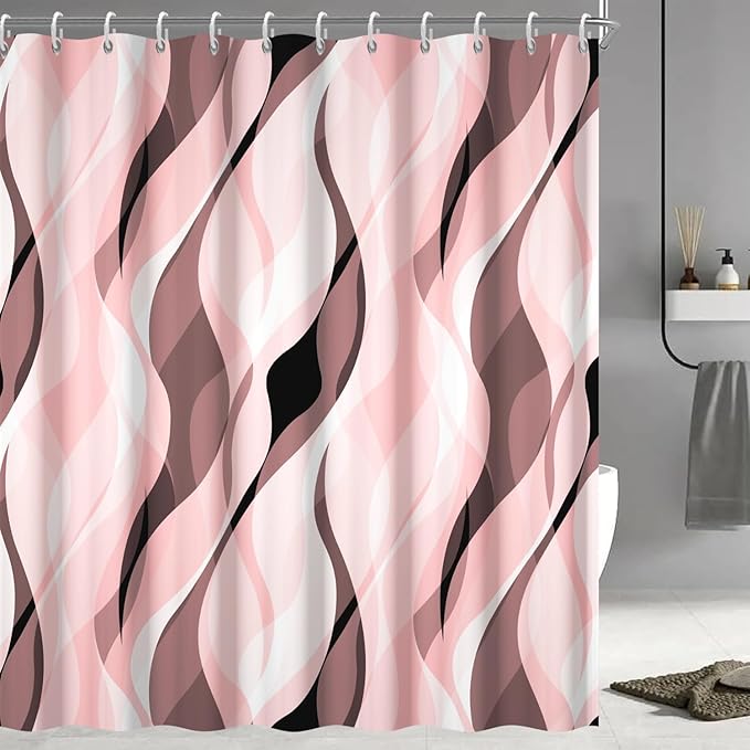 Pink Shower Curtain, Modern Abstract Pink and Grey Striped Shower Curtain Set for Bathroom Waterproof Shower Curtain with Hooks, 72x72 Inch