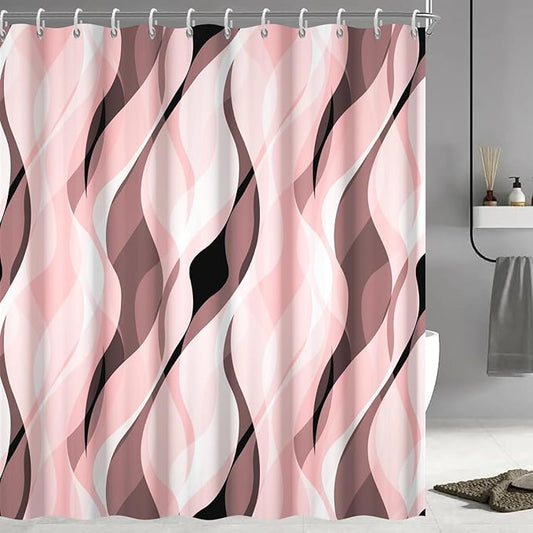 Pink Shower Curtain, Modern Abstract Pink and Grey Striped Shower Curtain Set for Bathroom Waterproof Shower Curtain with Hooks, 72x84 Inch