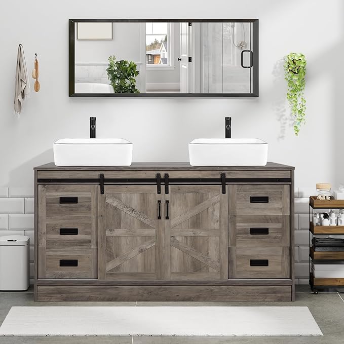 60" Barn Door Bathroom Vanity with 6 Drawers and Two Doors, Farmhouse Style Standing Pedestal Cabinet Without Sink