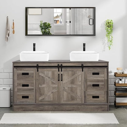 60" Barn Door Bathroom Vanity with 6 Drawers and Two Doors, Farmhouse Style Standing Pedestal Cabinet Without Sink