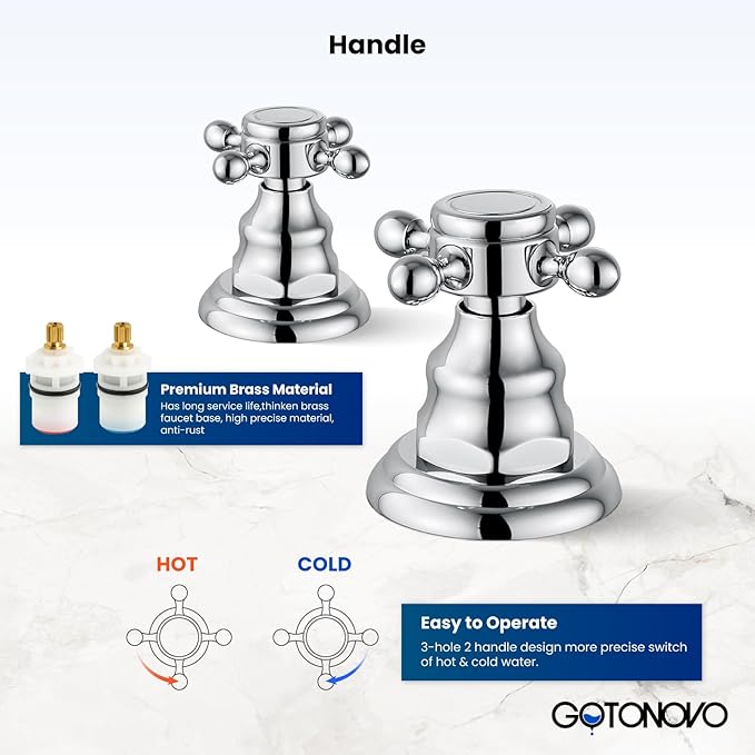 gotonovo 3 Hole Widespread Bathroom Sink Faucet Double Cross Handle Mixer Tap Faucet for Bathroom Sink Vanity Faucet Deck Mount Basin Hot Cold Water Matching Pop Up Drain Polished Chrome