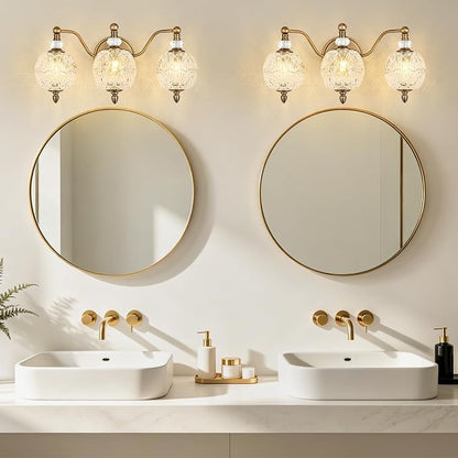 Vintage Bathroom Vanity Light, 3-Light Mid Century Matte Antique Brass Finish Wall Sconce with Globe Glass Shades, Retro Mirror Light for Bathroom, Powder Room