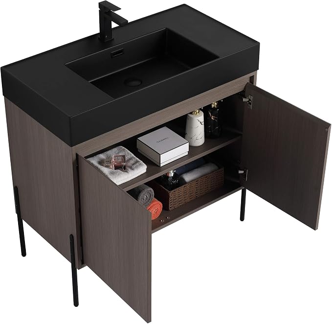 Crownpoint 36 Inch Bathroom Vanity with Sink, Black Sink, Gray Oak Finish, Full Assembly Required, Elegant Bathroom Vanities for Modern Homes
