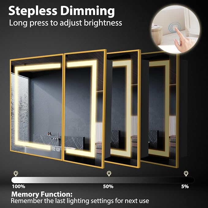 ROOMTEC 36 x 30 Inch Medicine Cabinet Mirror with LED Lights, Gold Bathroom Medicine Cabinet with Mirror and Storage, Recessed or Wall Mount, 3 Color Temperature, Dimmable Light
