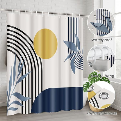 Bathroom Sets with Shower Curtain and Rugs, Boho Geometric 4 Pcs, | Abstract Mid Century Modern Bathroom Decor Set with Toilet Lid Cover, Non-Slip Bath Mats and Accessories 12 Hooks