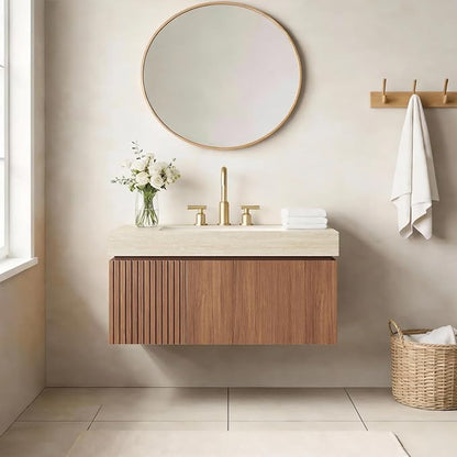 Ambrovina 36" Floating Bathroom Vanity with Sink, Modern Plywood Bathroom Storage Cabinet with Drawer and Door, Roma Travertine-Pattern Top with 3 Pre-drilled Faucet Holes Ceramic Basin, Dark Oak