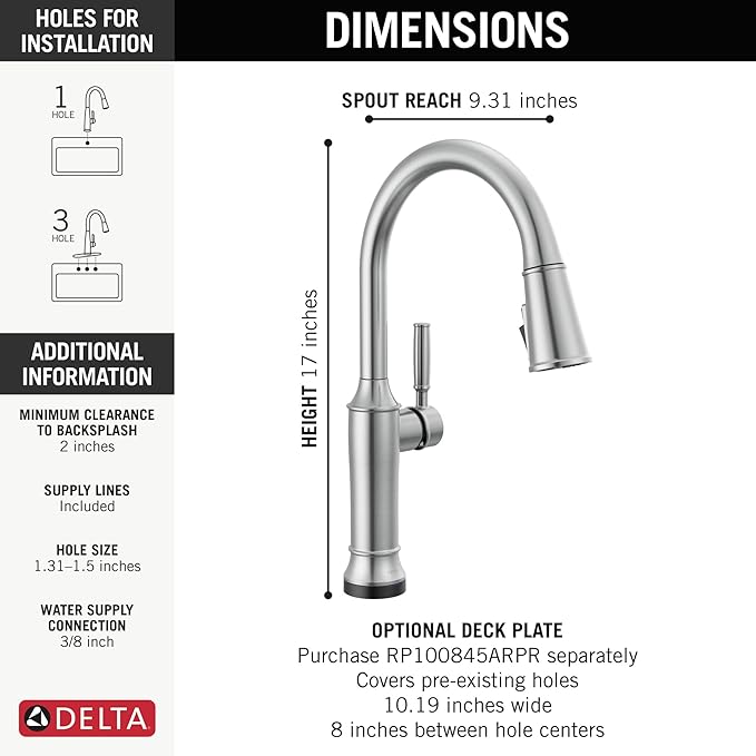Delta Renaldi Kitchen Faucet with Pull Down Sprayer, Brushed Nickel Kitchen Sink Faucet, Delta ProClean, Lumicoat Arctic Stainless 9184TL-AR-PR-DST