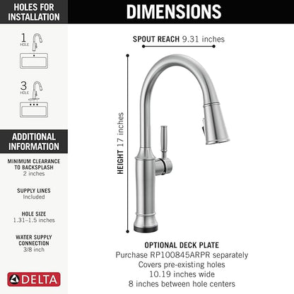 Delta Renaldi Kitchen Faucet with Pull Down Sprayer, Brushed Nickel Kitchen Sink Faucet, Delta ProClean, Lumicoat Arctic Stainless 9184TL-AR-PR-DST