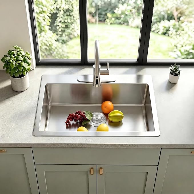VAPSINT 22x18 Inch Drop In Kitchen Sink, 22 Inch 16 Gauge T304 Stainless Steel Topmount Small Kitchen Bar Sink, Handmade Single Bowl Outdoor RV Laundry Utility Prep Sink with Basket Strainer
