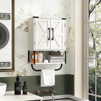 RUSTOWN Farmhouse Rustic Medicine Cabinet with Two Barn Door,Wood Wall Mounted Storage Cabinet with Adjustable Shelf and Towel Bar, 3-Tier Cabinet for Bathroom, Living Room(Vintage White)