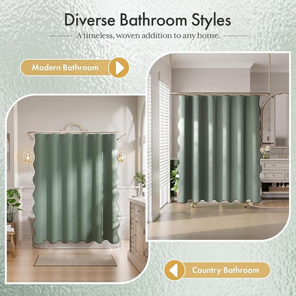 Bathway Modern Scalloped Shower Curtain, Linen Textured Green Shower Curtain Set with 12 Metal Hooks, Neutral Cute Elegant Shower Curtain with Black Border for Bathroom, 72x72 Inches