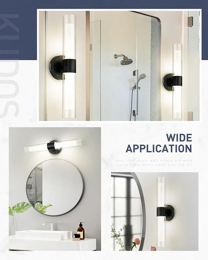 kudos Black LED Vanity Light, Clear and Frosted Glass, 3CCT, KDVL06-BK-2 | 11W,1100 Lumens, 3000K, 4500K and 6000K Selectable, Hardwired, for Bathroom, Bedroom and Over Mirror