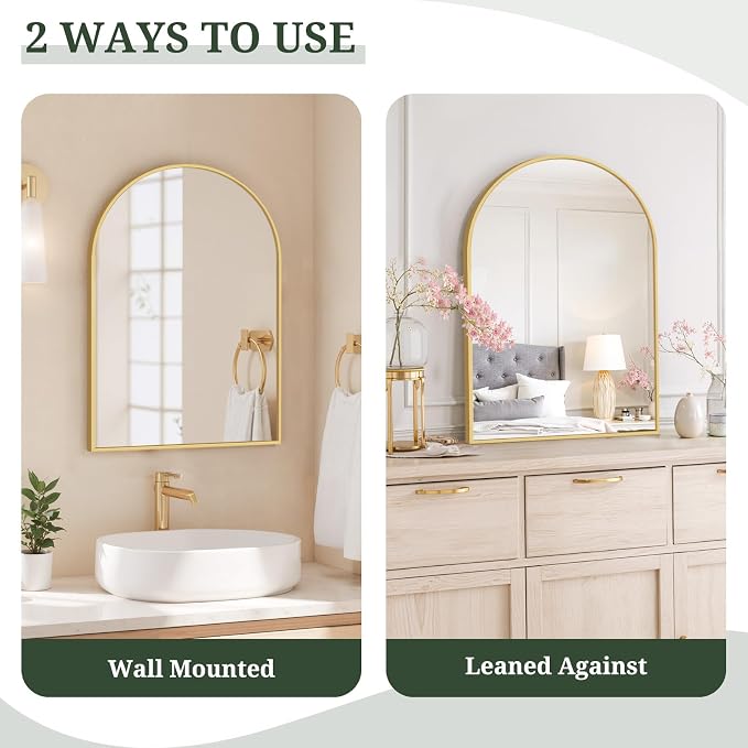 Arched Wall Mirror 30x20 Inch Gold Bathroom Vanity Mirror with Metal Frame | Modern Arch Mirror for Bedroom, Living Room, Entryway, Wall Mounted Decorative Mirror