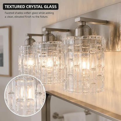3-Light Crystal Bathroom Vanity Light Over Mirror, Nickel Modern Wall Light Fixture for Bathroom, Living Room, Bedroom, Hallway