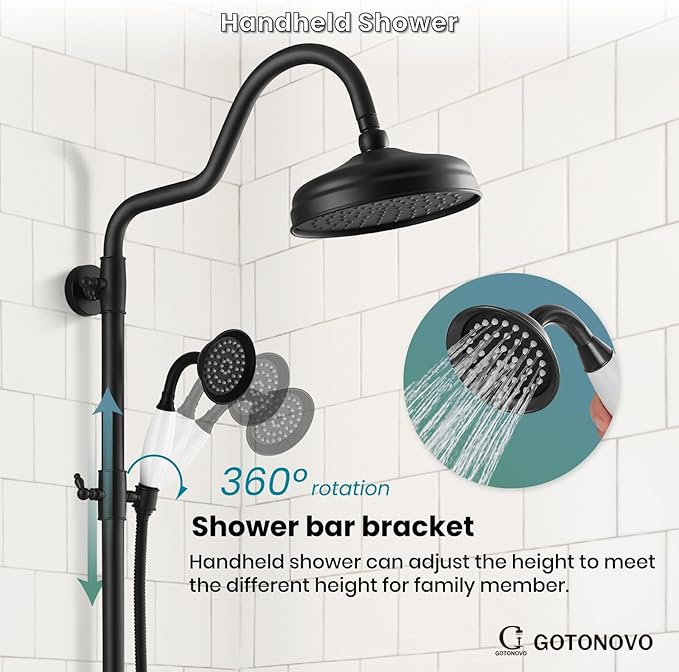 gotonovo Luxury Exposed Shower Faucet Set Bathroom Shower System 8 Inch Wall Mount Rainfall Shower Head with Handheld Spray Cross Double Handle Shower Fixture Adjustable Arc Rod Matte Black