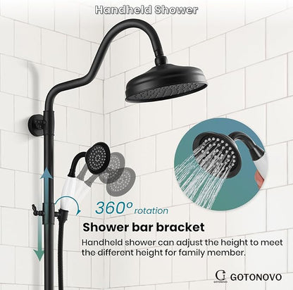 gotonovo Luxury Exposed Shower Faucet Set Bathroom Shower System 8 Inch Wall Mount Rainfall Shower Head with Handheld Spray Cross Double Handle Shower Fixture Adjustable Arc Rod Matte Black