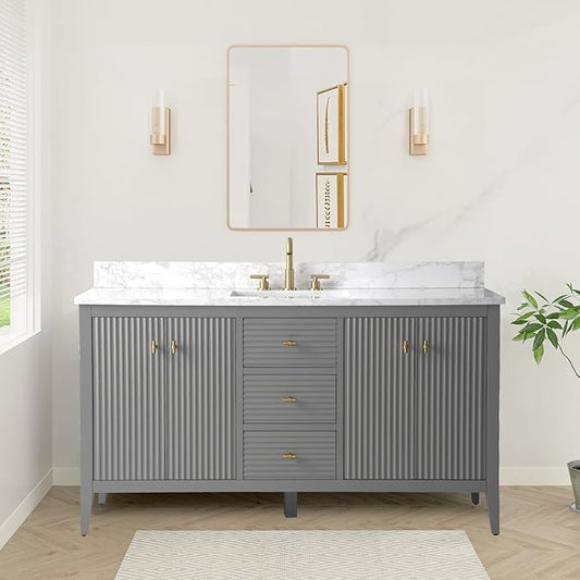 HOMEBEYOND 60" Bathroom Vanity with Single Sink, Solid Wood Bathroom Vanity Free-Standing Cabinet, Ceramic Top & Soft Closing Door, Golden Brushed Handware, Cashmere Gray