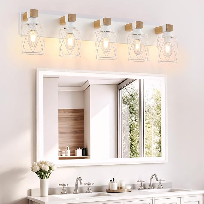 Farmhouse 5-Light Wood Bathroom Vanity Light, White Metal Cage Shade | Mounted Over Mirror, Industrial Rustic Style, Ideal for Bathroom, Bedroom, Hallway & Living Room, Easy To Install