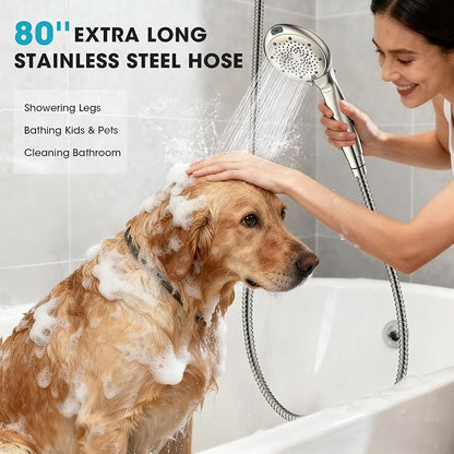 FASDUNT High Pressure Filtered Handheld Shower Head, Brushed Nickel | 80" Long Stainless Steel Hose, Built-in Power Wash, Anti-clog Nozzles, Filter Beads for Hard Water, Remove Chlorine