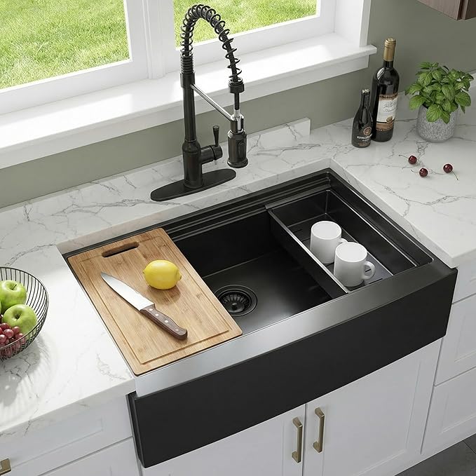 KINGO HOME 33 inch Black Farmhouse Sink, 16 Gauge Double Ledges Stainless Steel Farmhouse Kitchen Workstation, Apron Front Deep Single Bowl Kitchen Farm Farmer Style Sinks 33"x20"x9