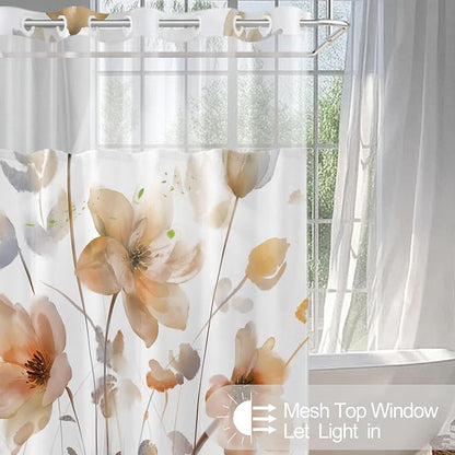 No Hook Shower Curtain and Liner Set, Orange Boho Floral 71x84 | Watercolor Boho Flower, with Snap in Liner, Waterproof, Machine Washable, Quick-Drying, for Hotel Bathroom