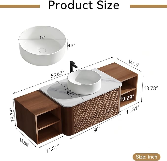 54 Inch Modern Bathroom Vanity with Ceramic Sink, Floating Bathroom Sink Cabinet with Sintered Stone Top&Solid Wood Hammered Frame, Single Bathroom Vanities w/Soft-Close Drawer&2 Side Open Cube