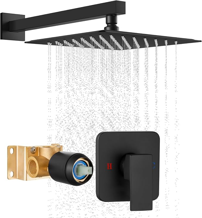 Matte Black Shower Faucet Set, 10 Inch Rain Shower System with Valve | Complete Rain Shower Set with Valve, Single Handle Wall Mount Design