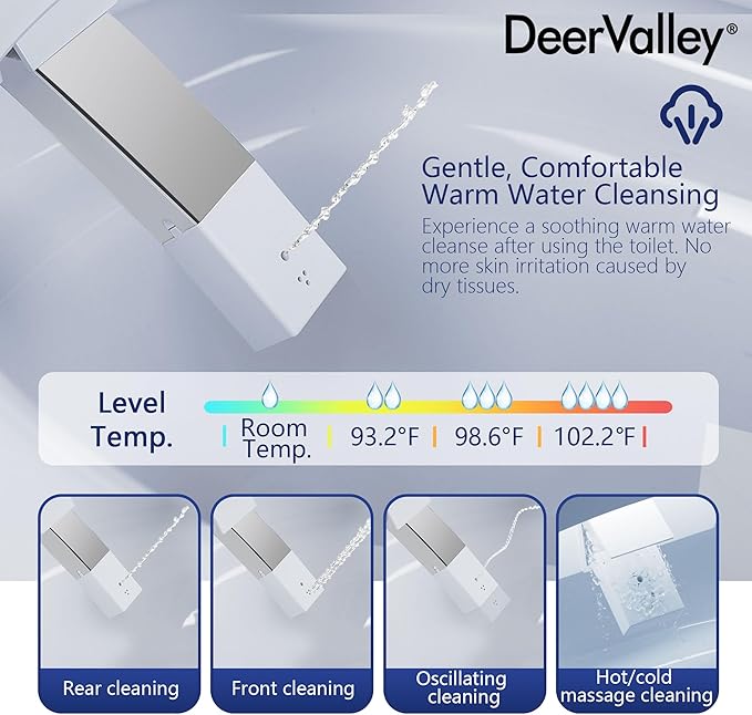 DeerValley Smart Toilet, One Piece Tankless Toilet with Built-in Bidet, 1.28GPF Auto Flush, Foot Kick, Warm Water, Heated Seat, Remote Control, 10" Rough-In Options