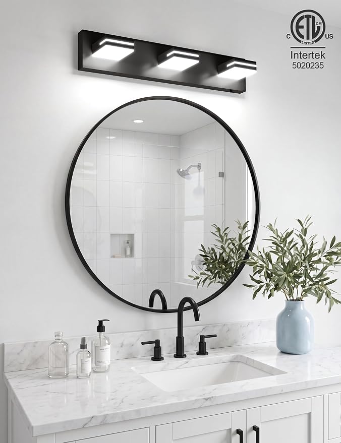 VOLISUN Modern Bathroom Vanity Light Fixtures (3-Light, 24-Inch), Matte Black LED Bathroom Lighting Fixtures Over Mirror, 360°Rotatable Head, LED Vanity Lights for Bathroom (Cool White 6000K)