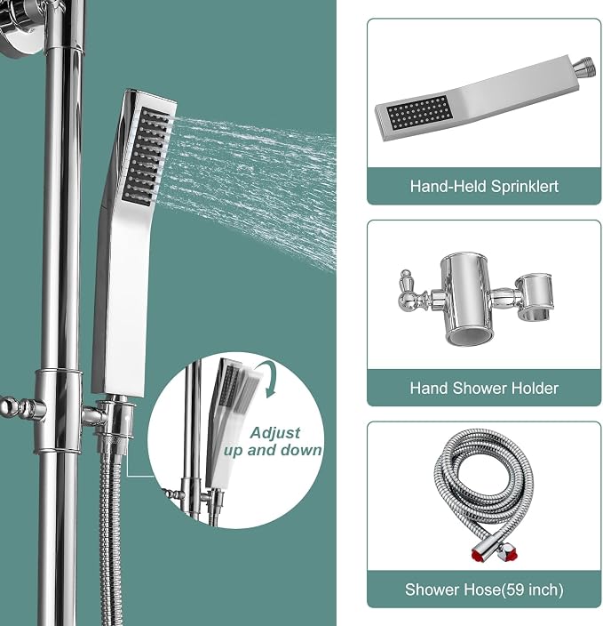 Polish Chrome Exposed Shower System 2 Functional Bathroom Shower Set 8 Inch Square Rainfall Shower Head with Hand Sprayer Wall Mounted | 2-function design with rainfall shower head, handheld shower, adjustable-height slide bar and exposed wall-mount valve