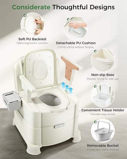 Bedside Commode, 500lbs Heavy Duty & Upgraded Commode Toilet Potty Chair, Portable Camping Toilet, Detachable Armrests, Automatic LED Light, 2-Level Height, 3 Rolls of Commode Liners 【Brown】
