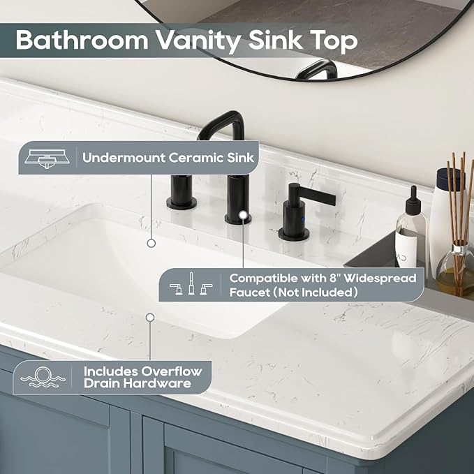 42 Inch Bathroom Vanity with Sink, Single Sink Bathroom Vanity with Adjustable Feet, Solid Wooden Frame Bathroom Sink Cabinet with Soft Closing Doors & Dovetail Drawers, Steel Blue