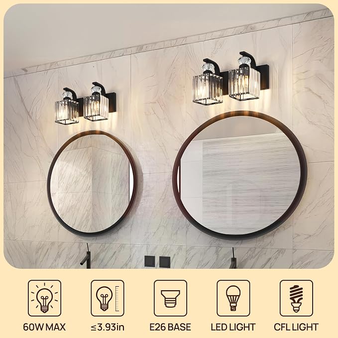 Modern Bathroom Vanity Light, 2-Light Black Bathroom Lighting Fixtures Over Mirror, 12.6" Crystal Wall Light Sconce for Bathroom/Bedroom/Vanity, Includes LED Bulbs, Easy Installation