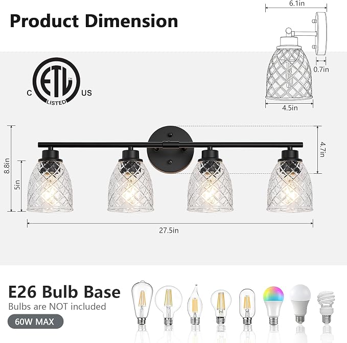 4-Light Vanity Light Over Mirror, Black Bathroom Light Fixtures | Modern Farmhouse Wall Sconces with Hammered Glass Lampshade for Kitchen Hallway Bedroom Living Room Cabinet Porch-27.5IN